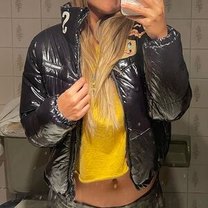 Members Only Kids Shiny Black Puffer Jacket with Bunny Design